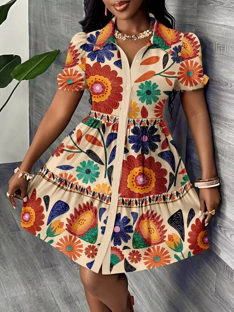 2026Women's Summer Floral Print Shirt Dress Puff Sleeve Ruffle Hem A-Line Mini Dress